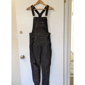 Black Distressed Denim Overalls with Stretch